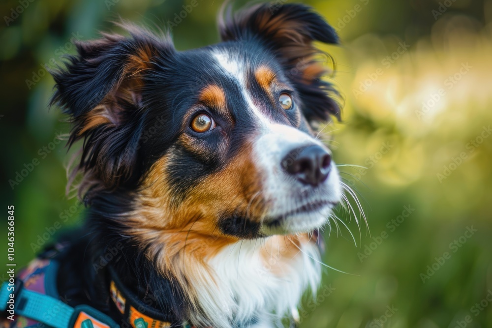 Fototapeta premium Cute Dog in Colorful Harness: Pet Accessories Promotion for Quality Brand Awareness