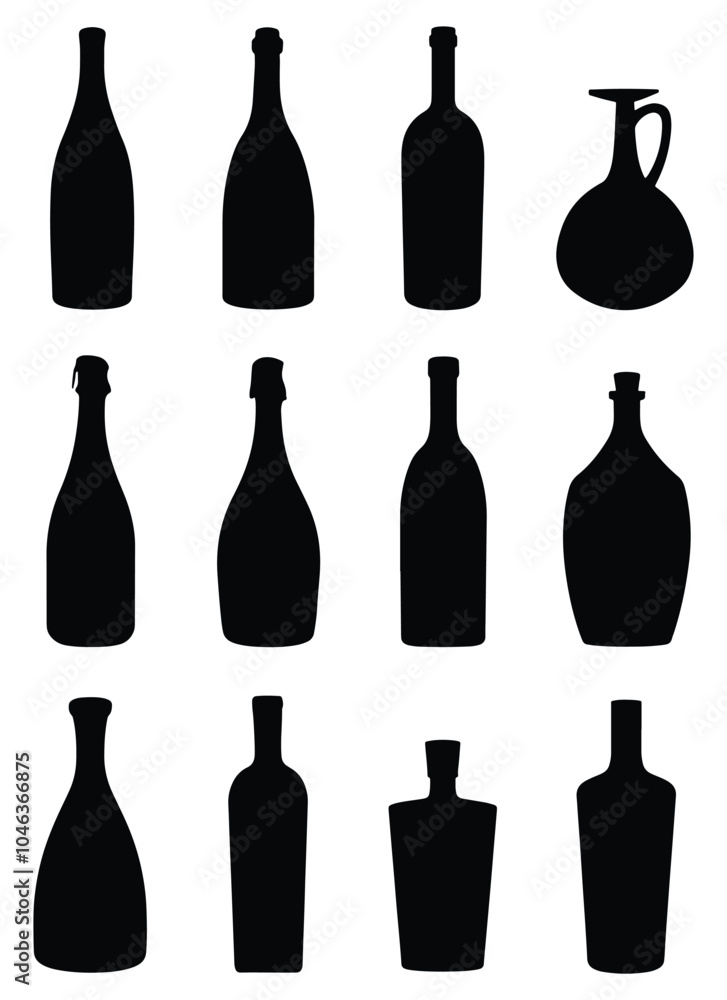 Silhouettes of Various Bottle Shapes. Isolated Vector on White Background. Silhouettes of Various Bottle Shapes. Isolated Vector on White Background.