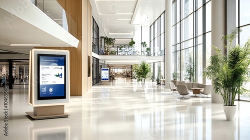 Modern Lobby with Digital Signage and Natural Light.