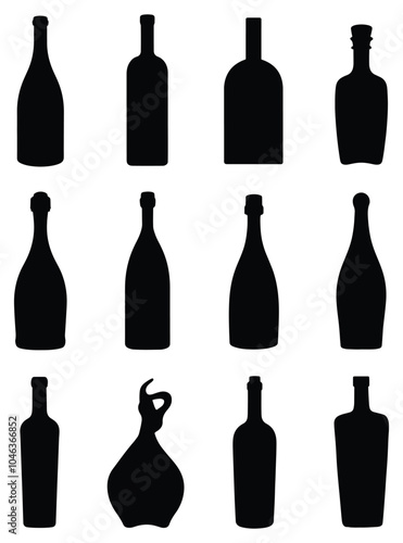 Silhouettes of Various Bottle Shapes. Isolated Vector on White Background.