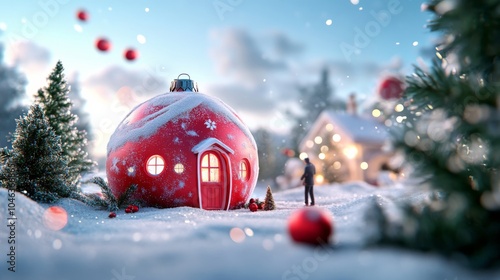 A charming snow-covered bauble house set in a magical winter landscape, evoking feelings of warmth and festivity with its whimsical, unique design. photo