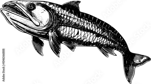 Black and white illustration of a fish with an open mouth jumping out of water.