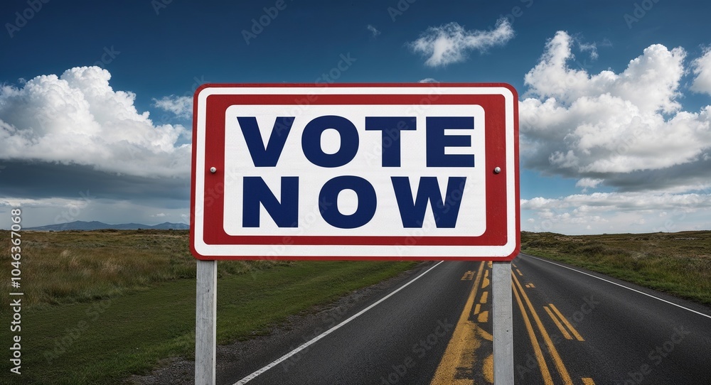 vote now text on road sign with clouds and sky background vote now text on road sign with clouds and sky background