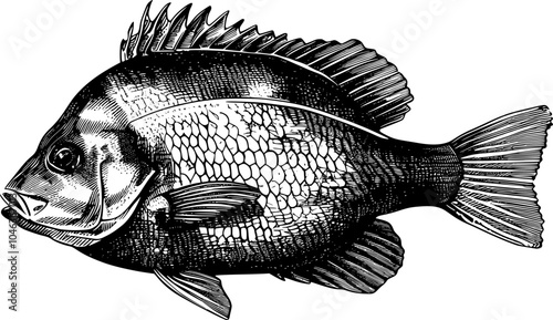 Black and white illustration of a fish with detailed scales and fins.