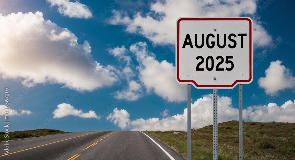 august 2025 text on road sign with clouds and sky background august 2025 text on road sign with clouds and sky background