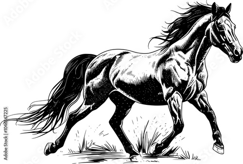 Black and white illustration of a horse running.
