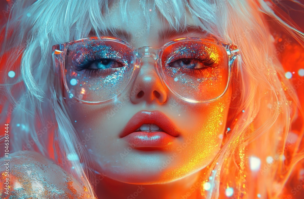 A beautiful woman with glasses, white hair, and orange lips A beautiful woman with glasses, white hair, and orange lips