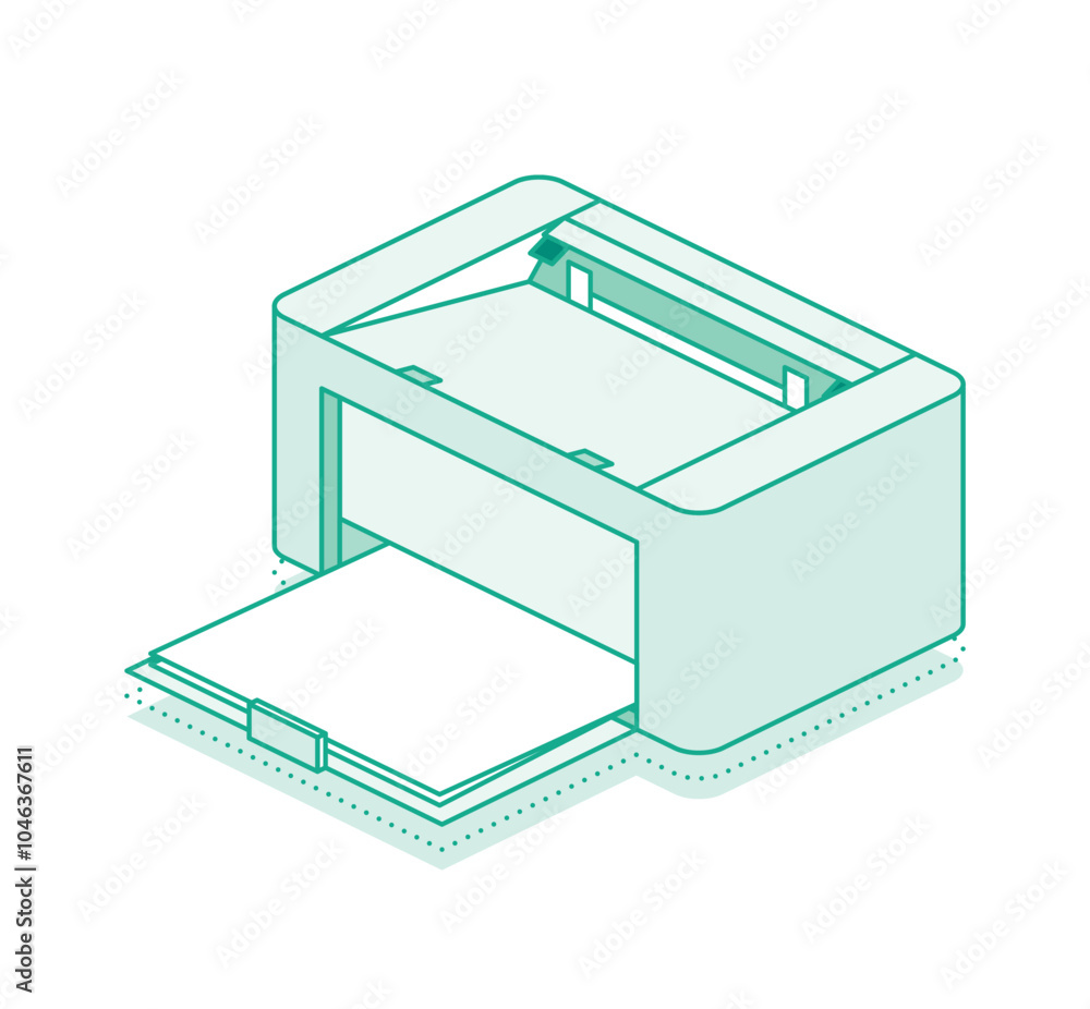 Isometric printer with paper. Outline object. Isometric printer with paper. Outline object.