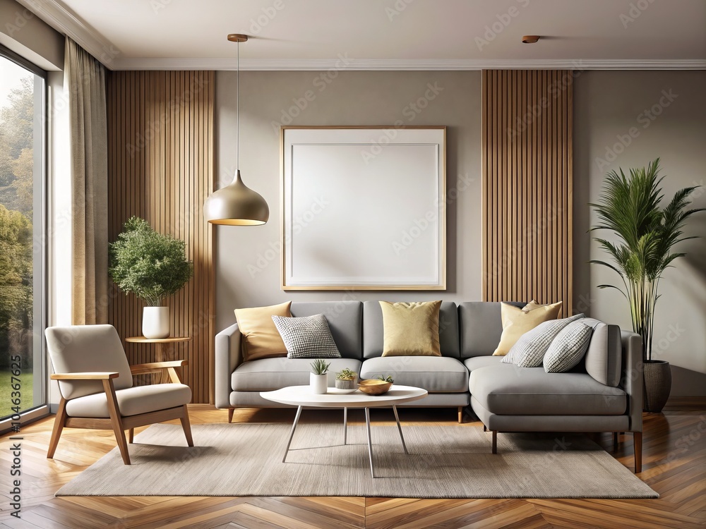 Blank Poster Mockup in Modern Living Room for Custom Designs and Branding Opportunities - Spacious Area for Personalization and Creative Projects Blank Poster Mockup in Modern Living Room for Custom Designs and Branding Opportunities - Spacious Area for Personalization and Creative Projects
