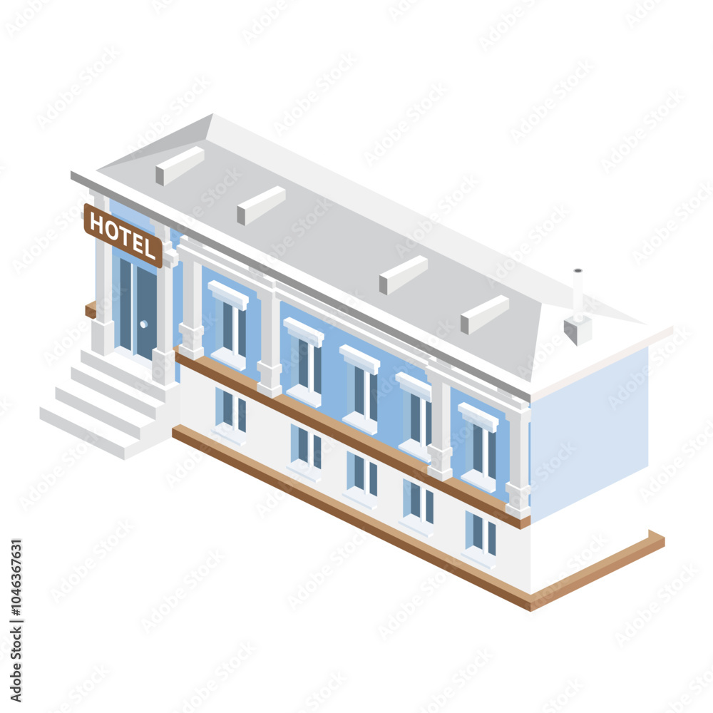 Isometric hotel in classical style with columns. Small hotel building facade. Isometric hotel in classical style with columns. Small hotel building facade.