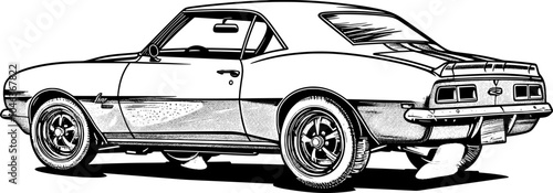 Black and white line art illustration of a classic American muscle car.