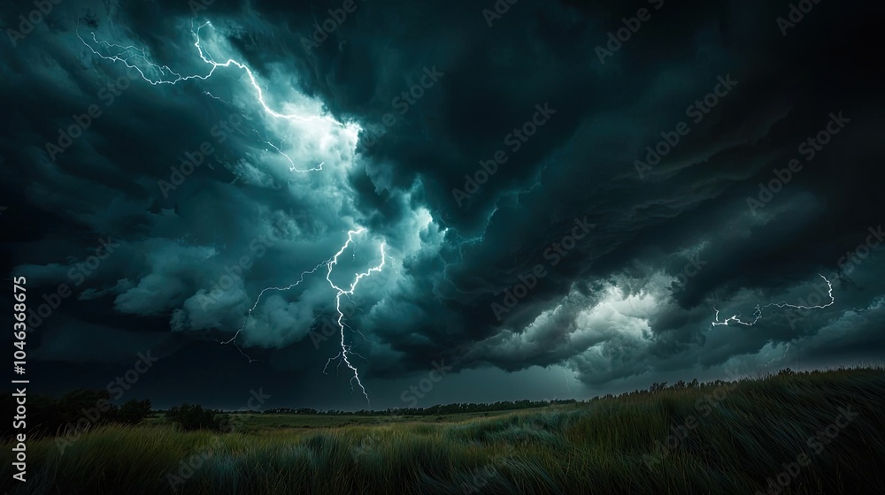 Dramatic lightning strikes illuminate dark storm clouds over a vast landscape. Dramatic lightning strikes illuminate dark storm clouds over a vast landscape.