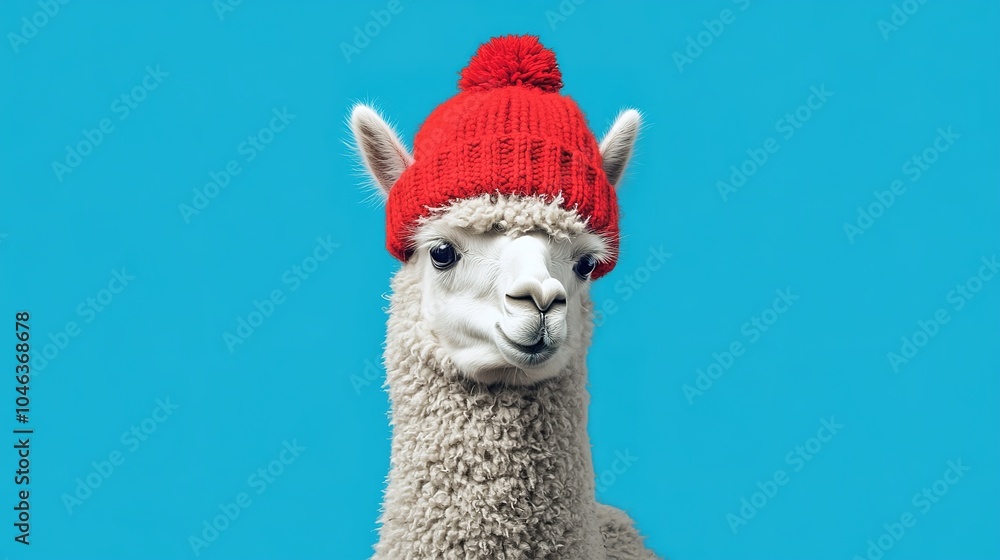 Obraz premium A cute alpaca wearing a cozy knitted hat, showcasing its fluffy fleece and playful personality. The alpaca's expressive eyes and soft features create an adorable character, 