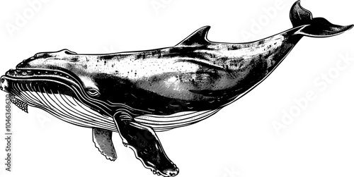 Black and white illustration of a whale with detailed textures and lines.