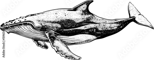 Black and white illustration of a humpback whale.