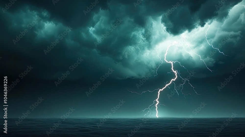 Dramatic lightning striking over a dark ocean under moody clouds. Dramatic lightning striking over a dark ocean under moody clouds.