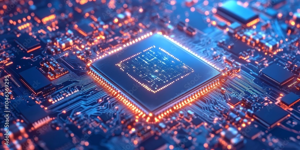 A futuristic computer chip with glowing lights is shown against a blue background. This represents the powerful processing capabilities of a quantum computer, used for handling large amounts of data. A futuristic computer chip with glowing lights is shown against a blue background. This represents the powerful processing capabilities of a quantum computer, used for handling large amounts of data.