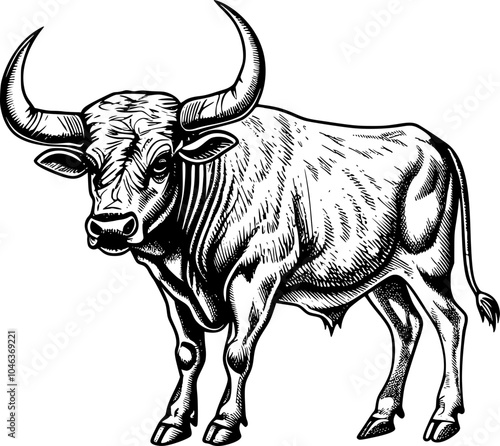 Hand-drawn illustration of a bull with large horns in a black and white drawing style.