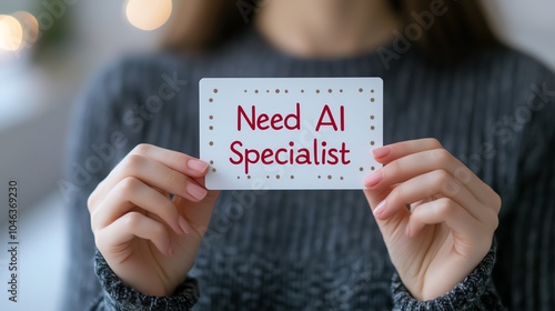 A person holding a sign that reads 'Need AI Specialist,' expressing the demand for artificial intelligence expertise in the workforce.