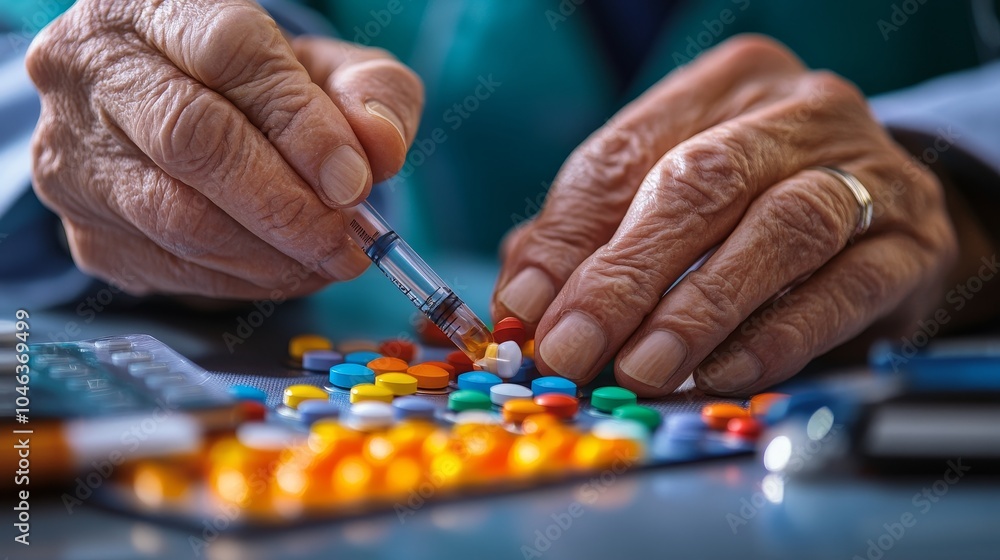 Close-up of a diabetic patient receiving medication with careful drug administration, surrounded by pills and medical tools, Medication Management, Diabetes Care Close-up of a diabetic patient receiving medication with careful drug administration, surrounded by pills and medical tools, Medication Management, Diabetes Care
