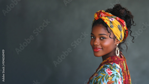 African woman smiling wearing traditional cloth isolated on gray photo