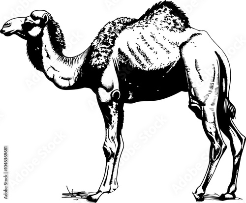 Black and white illustration of a camel standing sideways.