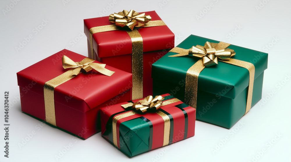 Festive Christmas Red and Green Gift Boxes Wrapped in Gold Ribbons Festive Christmas Red and Green Gift Boxes Wrapped in Gold Ribbons