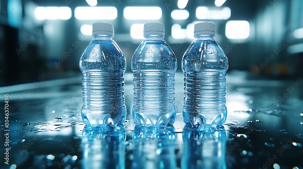  Bottled Water and Glass on a Light Blue Background 