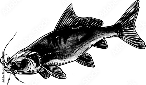 Black and white illustration of a catfish with a detailed textured body and fins.