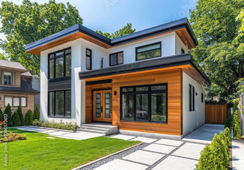 Modern two-story house design with wooden accents, white walls, and black windows, set against the backdrop of green trees and a blue sky.