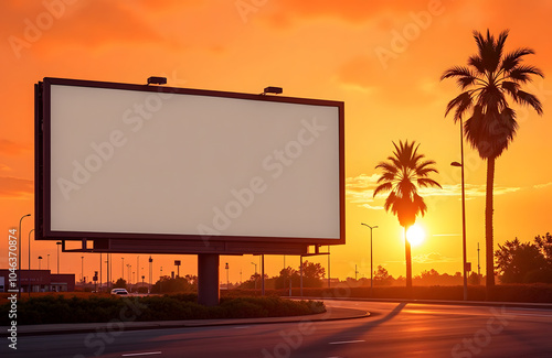 Sunset mockup billboard with palm trees silhouette and copy space