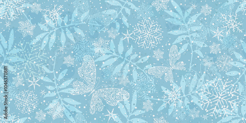 Vector seamless Christmas hand drown pattern with snowflakes and butterflies on a blue background