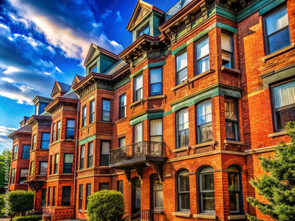 Fototapeta premium Captivating Facade of a Red Brick Apartment House with Architectural Charm, Urban Lifestyle, Classic Design, and Vibrant Colors in a City Setting