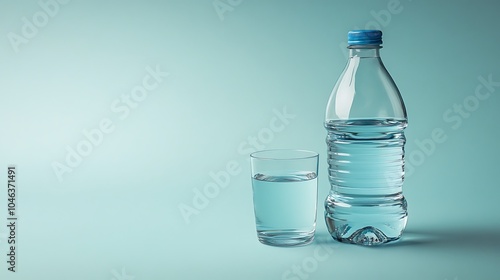  Bottled Water and Glass on a Light Blue Background 