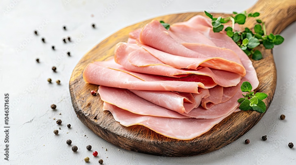 Sliced ham on wooden platter with herbs and peppercorns, white background. Sliced ham on wooden platter with herbs and peppercorns, white background.