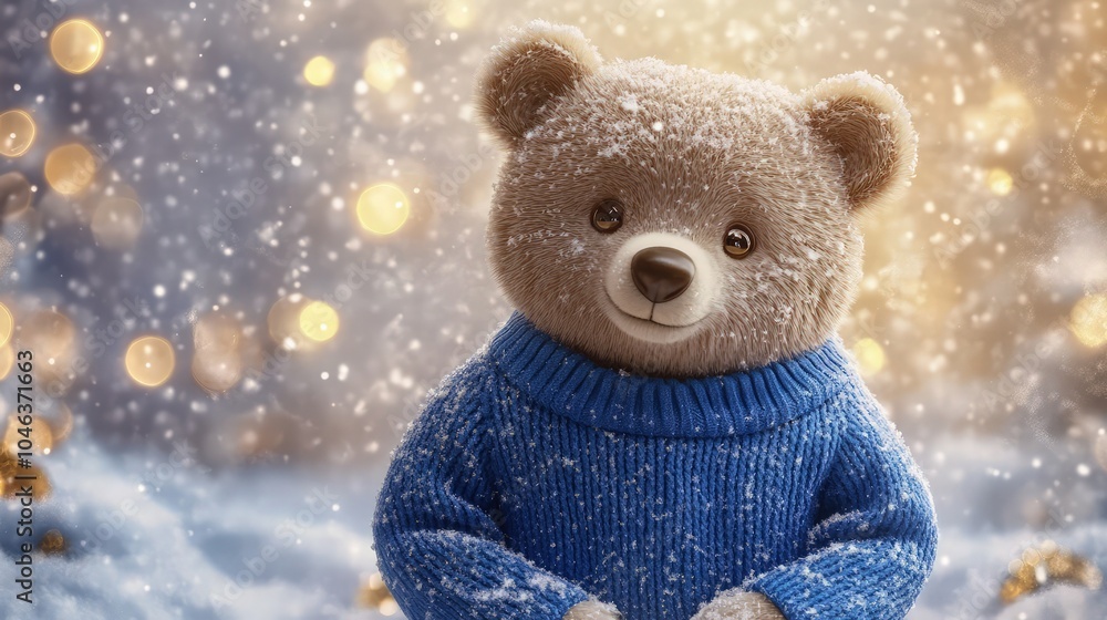 A plush bear in a cozy blue winter sweater, set against a snowy backdrop with soft golden lights, evoking the warmth and joy of the Christmas season amidst a serene winter scene. A plush bear in a cozy blue winter sweater, set against a snowy backdrop with soft golden lights, evoking the warmth and joy of the Christmas season amidst a serene winter scene.