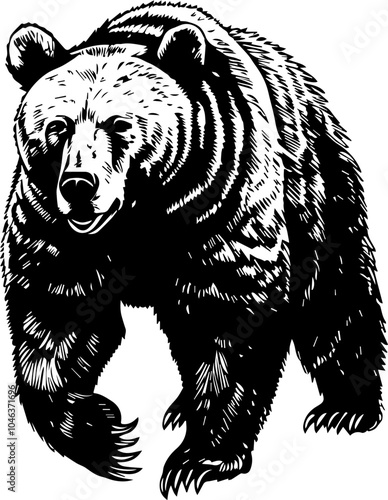 Close up of a black and white bear's face with a serious expression.