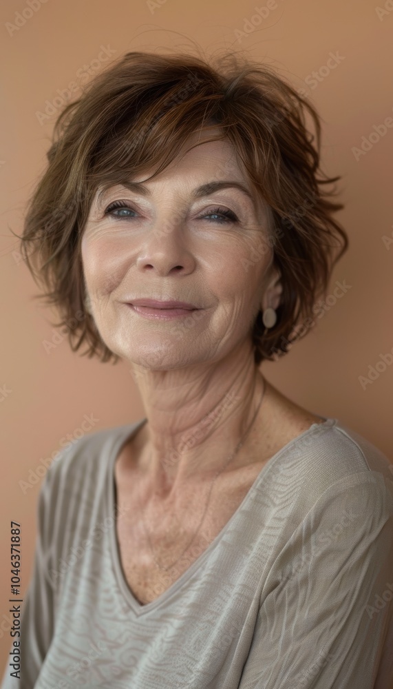 Middle-Aged Woman with Gentle Smile on Pastel Peach Background for Portrait Poster Design Middle-Aged Woman with Gentle Smile on Pastel Peach Background for Portrait Poster Design