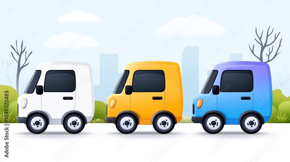 A vibrant illustration of colorful delivery trucks in a cityscape, showcasing modern transport in a cheerful design. A vibrant illustration of colorful delivery trucks in a cityscape, showcasing modern transport in a cheerful design.