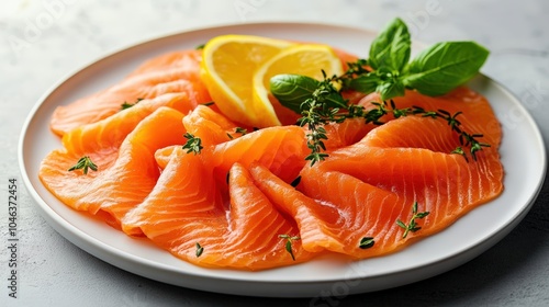 Fresh salmon fillets garnished with lemon and herbs on a white plate