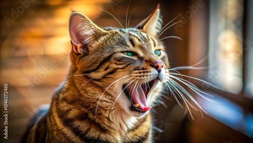 Captivating Portrait of a Yawning Tabby Cat in Natural Light, Showcasing its Unique Patterns and Expressions, Ideal for Cat Lovers and Animal Photography Enthusiasts