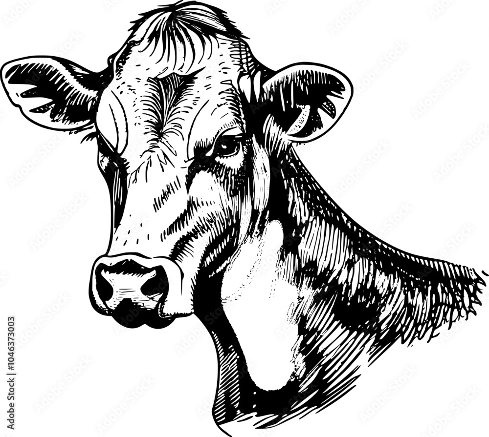 Obraz premium Black and white sketch of a cow's head.
