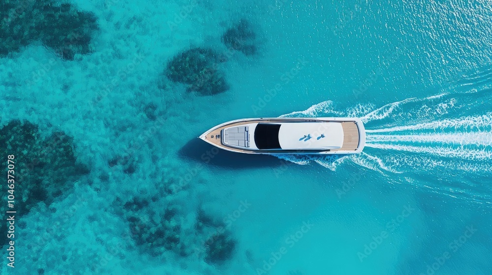 Luxury yacht sailing on clear blue waters, aerial view. Luxury yacht sailing on clear blue waters, aerial view.