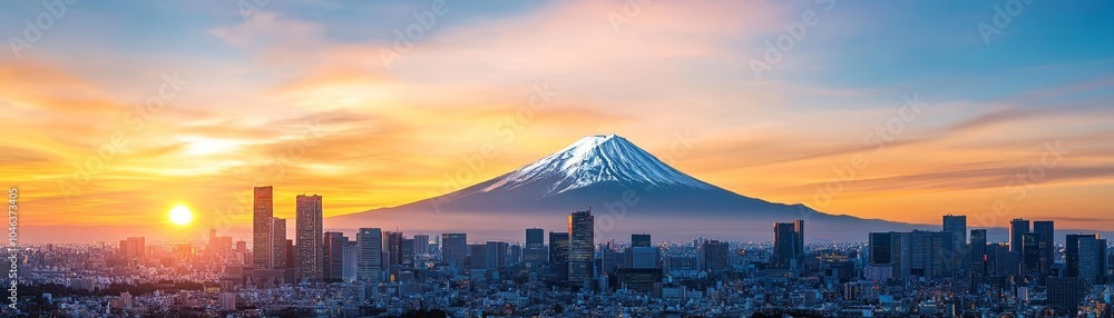 Fototapeta premium Modern Tokyo skyline against a stunning sunset, Mt Fuji's snowy peak, blending city lights with natural beauty, travel destination in Japan