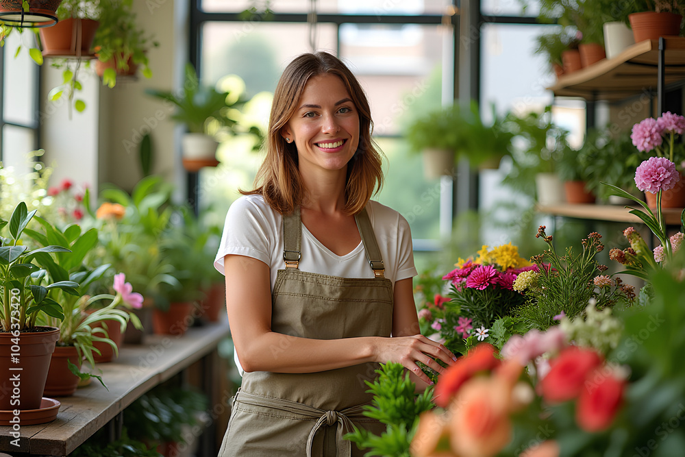 Smiling attractive female Small business owner in her plant shop Smiling attractive female Small business owner in her plant shop
