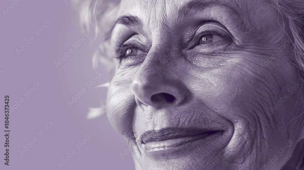 Warm Portrait of a Senior Woman with Gentle Smile on Lavender Background for Prints or Posters Warm Portrait of a Senior Woman with Gentle Smile on Lavender Background for Prints or Posters