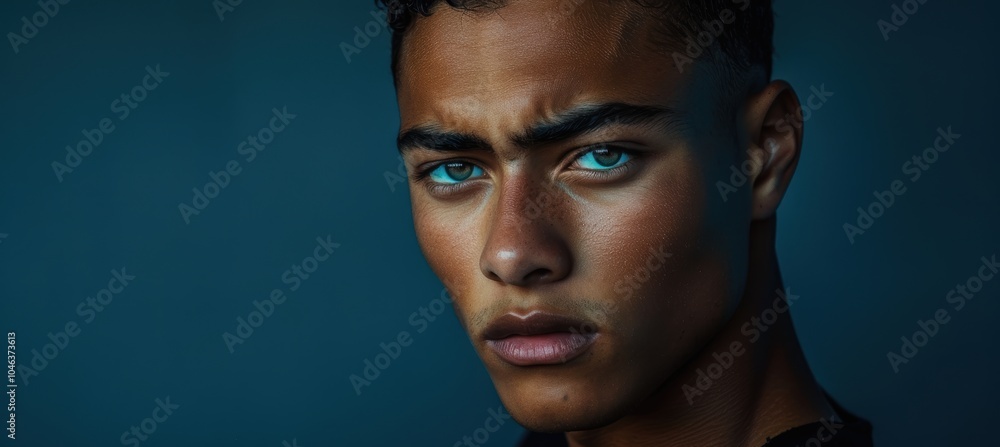 Intense Portrait of a Young Man with Confident Gaze on Dark Blue Background Intense Portrait of a Young Man with Confident Gaze on Dark Blue Background