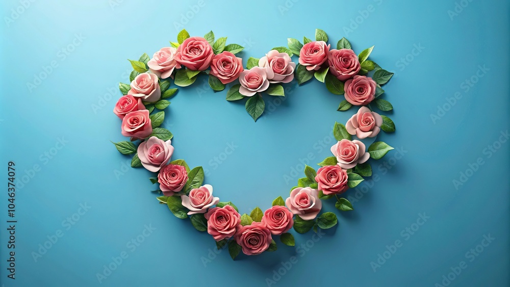 Stylized low poly heart shaped rose wreath on blue background minimalist Stylized low poly heart shaped rose wreath on blue background minimalist