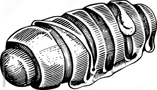 A black and white illustration of a snail. The snail is drawn in a detailed style with lines. It is shown in a curled up position.