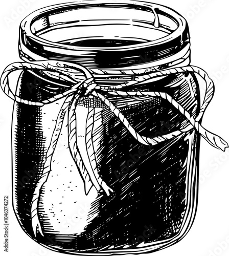 Black and white sketch of a glass jar with a knotted rope tied around the neck.